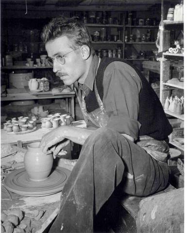 Master potter Clem Hull at the wheel, c. 1948