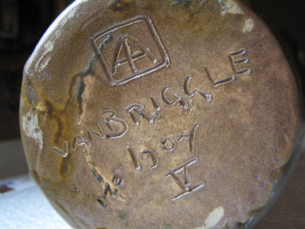 Maker's marks on 1902 medium Van Briggle vase (Ellison Collection)