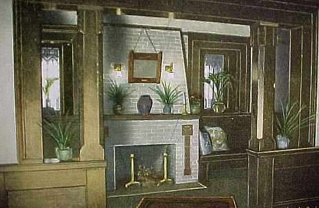 Interior of Colorado Springs Masonic Hall with Van Briggle fireplace, circa 1910
